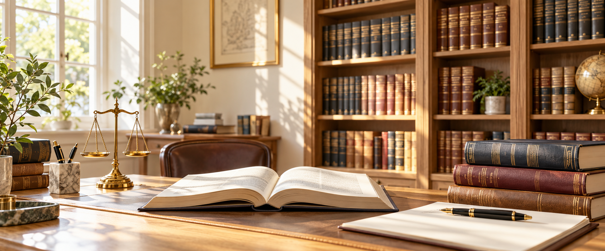 Open law books and brass scales in a sunlit library